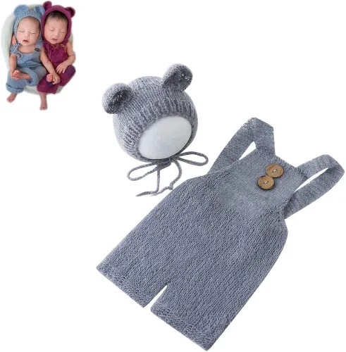 Vista 2 de Vemonllas Accesorios de fotografía para recién nacidos trajes para niños y niñas gorro de oso mohair y con pantalones de tirantes accesorios