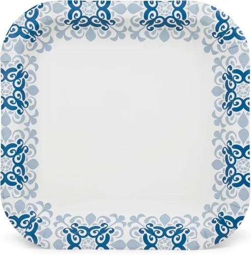 Vista 7 de Glad Platos cuadrados de papel resistentes, a prueba de remojo y resistentes a los cortes, patrón victoriano azul, vajilla desechable