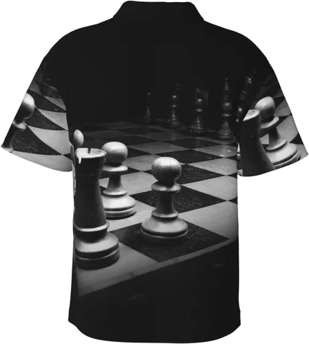 Vista 3 de Camisas hawaianas para hombre, 3D, color negro, blanco, ajedrez, batalla, casual, con botones, tropical, playera