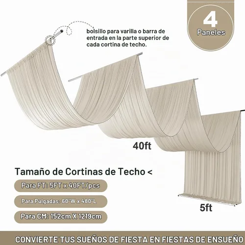 Vista 6 de Cortina de techo beige de 20 x 40 pies para bodas, 4 paneles sin arrugas, 40 pies de largo, cortinas drapeadas para bodas, cumpleaños y fiestas