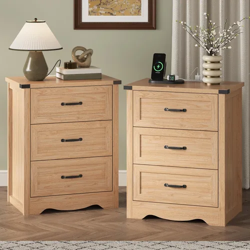 Vista 16 de Mesita de noche con 3 cajones, mesa auxiliar de 61 cm de ancho estilo granja, mesa de noche de madera rústica con asa metálica, cómoda moderna