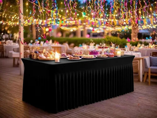 Vista 5 de fani Paquete de 2 faldas de mesa elásticas negras para mesa rectangular de 6 pies, manteles elásticos de elastano lavables con falda, mantel