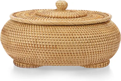 Vista 10 de Hipiwe Cajas de Cestas Redondas de Ratán con Tapa Tejidas a Mano, Cestas de Almacenamiento de Mimbre, Contenedor, Cesta Decorativa Multiusos