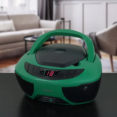 Vista 2 de Jensen CD-475GR Reproductor de CD portátil estéreo estéreo Boombox con radio AM/FM y línea auxiliar y conector para auriculares (verde)