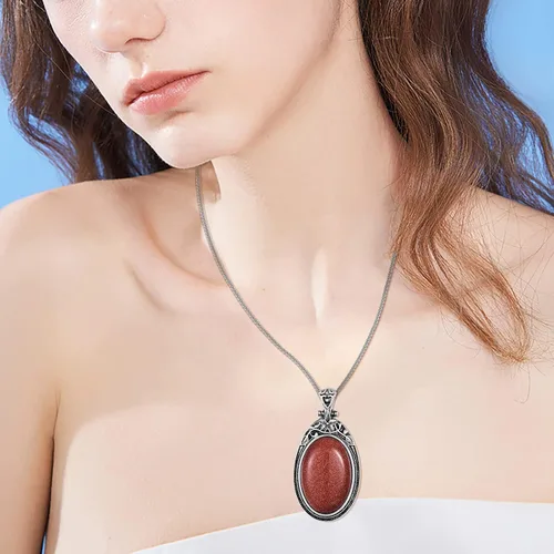 Vista 3 de VIJASHOP Collar ovalado de piedras preciosas de acero inoxidable, colgante vintage, piedras semipreciosas, regalo de joyería para mujeres y niñas