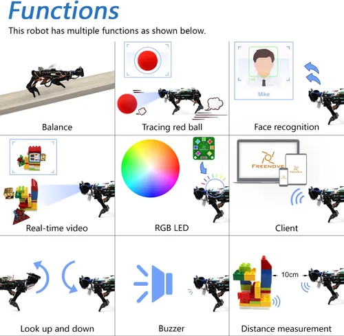 Vista 4 de FREENOVE Kit robot para perro Raspberry Pi 5 4 B 3 B+ Zero 2 W, caminar, autoequilibrio, reconocimiento facial, rastreo de bolas, rango ultrasónico