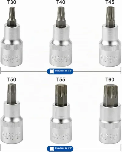 Vista 2 de DAKCOS Juego de llaves para vasos hexagonales Torx, transmisión de 1/2 pulgada, 6 piezas de juego de llaves de estrella, T30 - T60, bit de acero