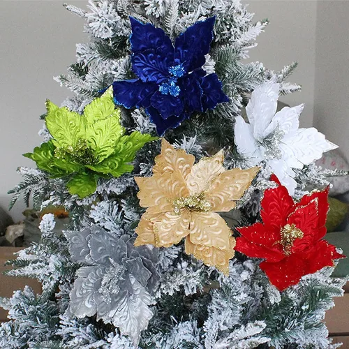 Vista 6 de 6 adornos para árbol de Navidad de Pascua con purpurina, flores artificiales de Navidad, accesorios florales con tallo, flores de franela sintética