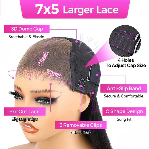 Vista 3 de Lealife 22 Pulgadas Peluca de cabello humano con encaje frontal recta sin pegamento pre degrafilada pre cortada 7X5 encaje HD pre nudos decolorados
