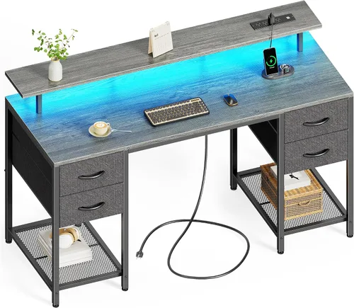 Vista 12 de Huuger Escritorio para computadora de 47 pulgadas con 4 cajones, escritorio para juegos con luces LED y tomas de corriente, escritorio de oficina