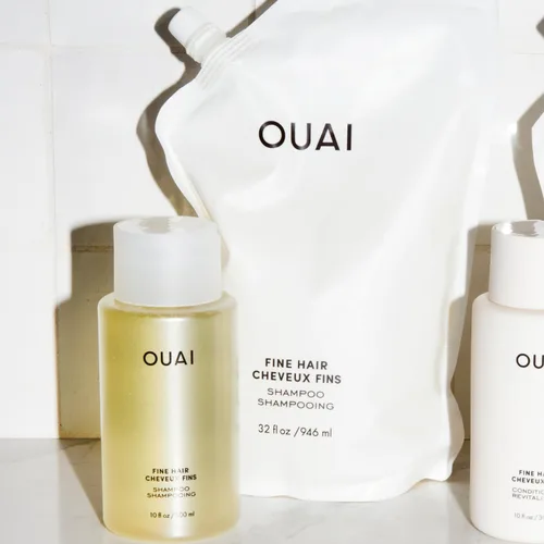 Vista 2 de OUAI Champú fino + paquete de recarga, champú voluminizador con queratina, biotina y aceite de semilla de chía para cabello fino, proporciona un
