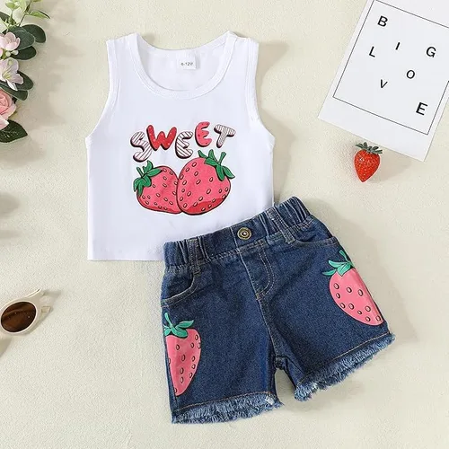 Vista 3 de Mikrdoo Ropa para bebé niña pequeña, trajes de verano camisas, tops rasgados pantalones cortos de mezclilla conjunto de ropa para niña pequeña