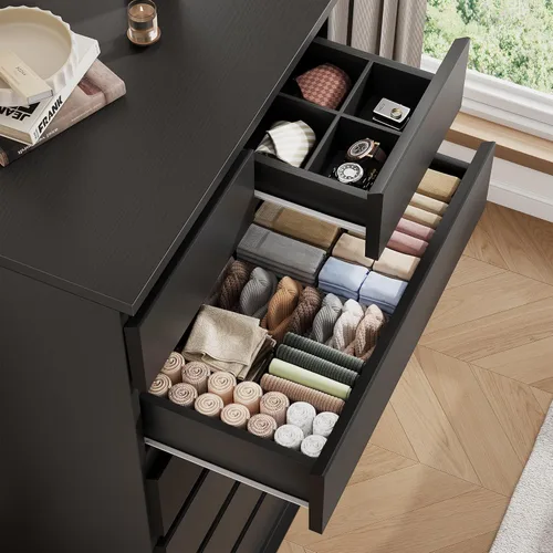 Vista 3 de Cómoda Alta Negra de 7 Cajones para Dormitorio, Cómodas y Arcones de Madera Modernos con Almacenamiento de Joyas, 23.6" L*15.8" A*47.5" Al en Cómoda