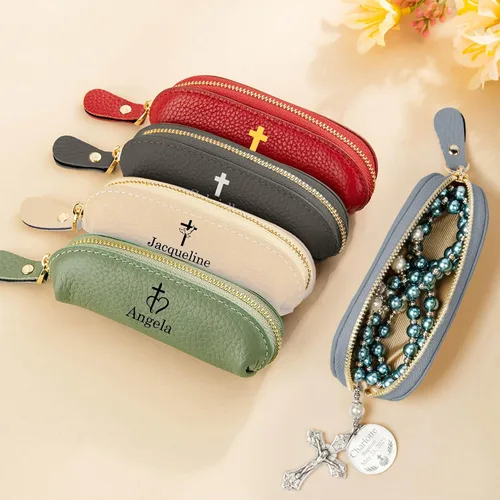 Vista 3 de BYFDIY Estuche de rosario personalizado con cremallera de cuero con nombre personalizado, bolsa de rosario de cruz, soporte de rosario de viaje