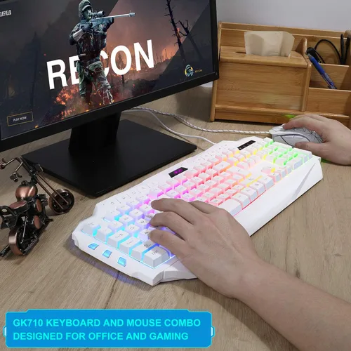 Vista 6 de Combo de teclado y mouse blanco para juegos, MageGee GK710 con cable retroiluminado y mouse blanco para juegos, teclado de PC y mouse DPI ajustable