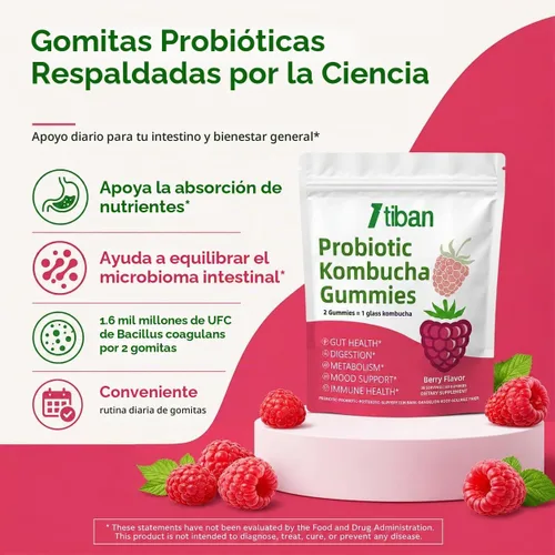 Vista 4 de Probiotic Kombucha Gummy, mujeres y hombres, sabor a bayas, 60