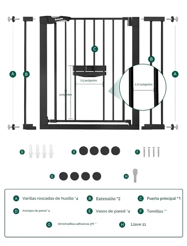 Vista 6 de BABELIO Nueva Versión Puerta de Bebé con Puerta para Gatos Ajustable, Puerta de Mascotas de Metal de 29-40" para Escaleras y Puertas, Montaje a Negro