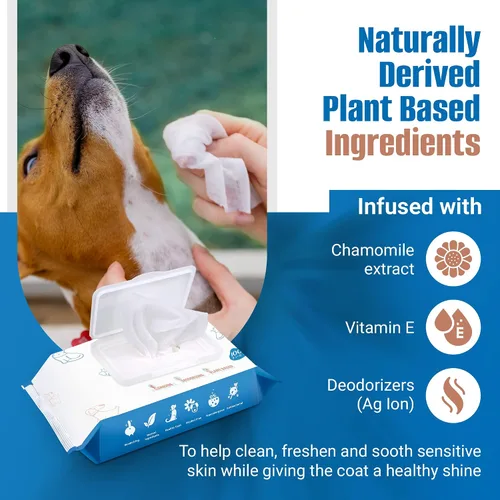 Vista 2 de Toallitas de aseo para perros – 200 unidades / 2 paquetes de toallitas de limpieza sin perfume para gatos – Toallitas para mascotas a base