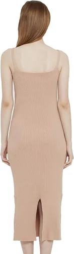 Vista 4 de RZIV Vestido de suéter sin mangas para mujer, de punto, delgado, con cuello en V, ajustado, elástico, ajustado