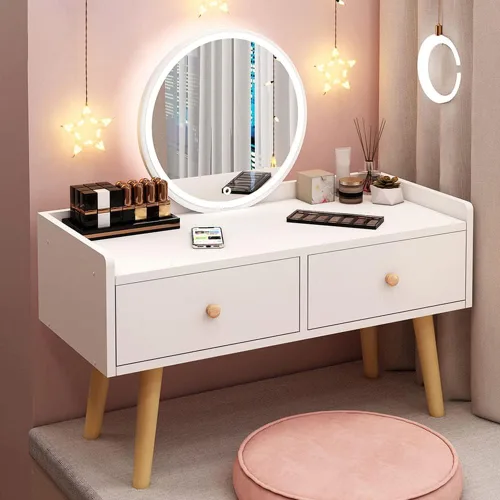 Vista 3 de LITFAD Moderno juego de tocador de madera para dormitorio, tocador de maquillaje y espejo, blanco, 24 pulgadas de largo x 14 pulgadas de ancho x 20