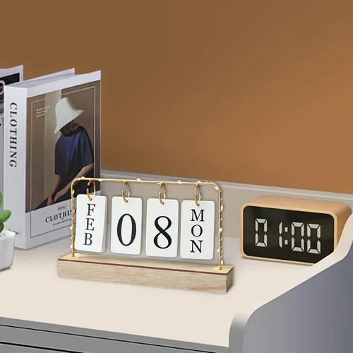 Vista 4 de Calendario perpetuo de madera abatible con soporte de metal dorado con papel calendario diario mensual con luz para la oficina diaria, decoración
