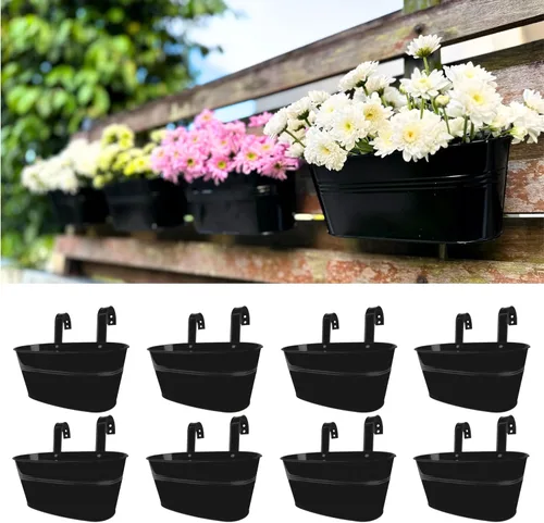 Vista 13 de LaLaGreen Jardinera de Barandilla para Exteriores (11.8 Pulgadas, Paquete de 4) Macetas Colgantes de Hierro Negro para Barandillas de Terraza Cubos