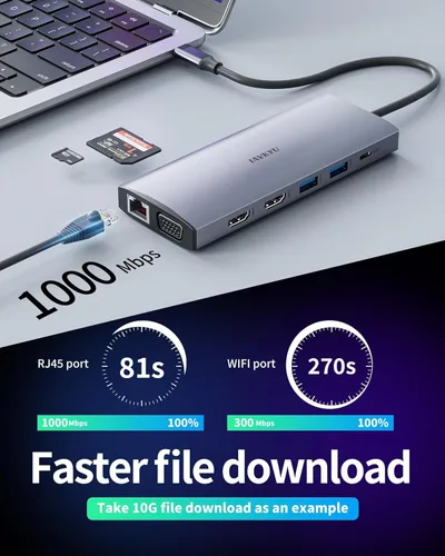 Vista 6 de Estación de acoplamiento USB C para laptop, estación de acoplamiento de monitor doble, estación de acoplamiento 13 en 1, 3 monitores con 2HDMI, VGA