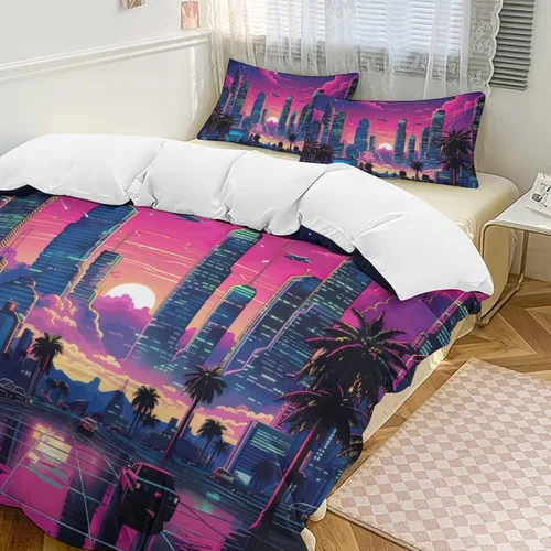 Vista 25 de Landscape Duvet Cover Full Size, Ultra Soft Microfiber Cityscape Bedding Set, 3 Pieces Night Scenery Pattern Comforter Cover Set with Zipper Closure