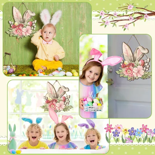 Vista 6 de Juexica Coronas de Pascua para puerta delantera, letrero de madera de bienvenida, colgador de puerta, decoración de primavera, placa colgante