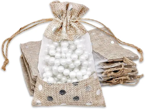 Vista 19 de TheDisplayGuys para tu vida moderna - Paquete de 12 bolsas de regalo pequeñas de arpillera de lino y organza con cordones (8.9x14 cm, gris)