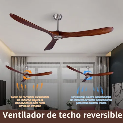 Vista 3 de Ventilador de techo de madera para interior/exterior de 70 pulgadas, con 3 aspas, control remoto, 2 varillas, motor DC reversible de 35W, ahorro