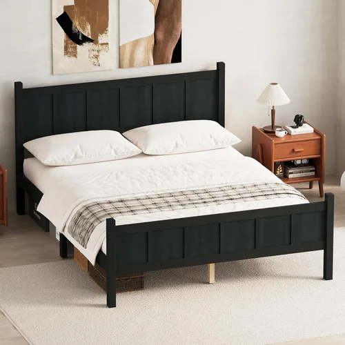 Vista 13 de Bellemave Cama de panel plano de tamaño individual con cabecero y estribo, cama de plataforma minimalista y moderna con acabado de grano de madera