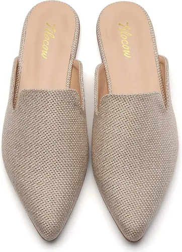Vista 2 de Tilocow Mules para mujer, cómodos mocasines puntiagudos, sin espalda, planos, zapatos casuales de negocios, deslizantes, sin cordones beige