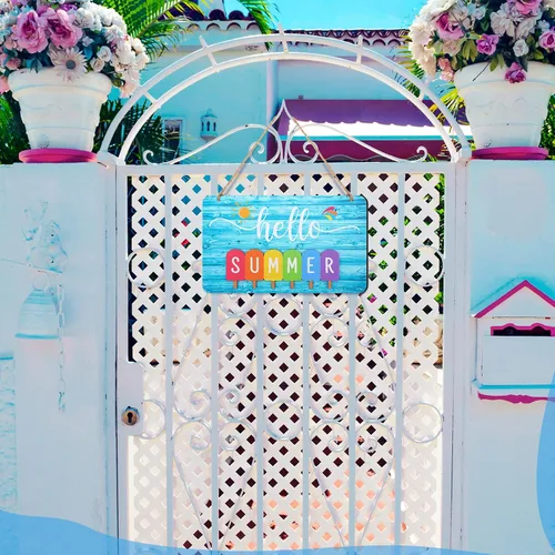 Vista 2 de Letrero de verano con texto en inglés «Hello Summer» para puerta delantera, decoración de bienvenida, letrero colgante para puerta de casa de campo