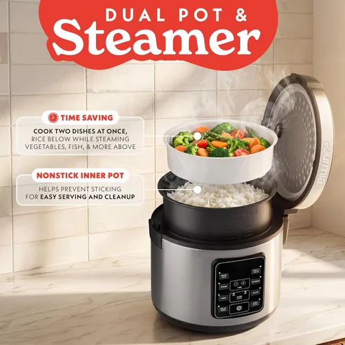 Vista 10 de Arrocera Gourmia – Capacidad de 3 Qt, 12 tazas cocidas, 6 tazas sin cocinar, controles digitales, cocedor de granos y vaporera, cesta de vapor