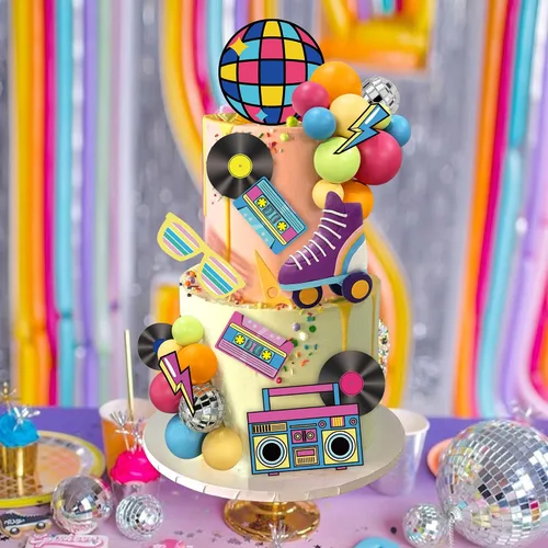 Vista 5 de 30 adornos para tartas de los años 80 y 90, decoraciones retro de hip hop, decoraciones de pasteles de bolas pastel para niños o niñas, 80 y 90