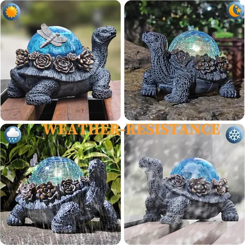 Vista 7 de Estatua de tortuga para exteriores – Figura de animal de resina con luces solares de cristal azul, detalles de suculentas doradas y decoración