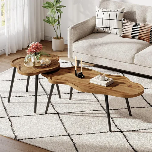 Vista 3 de Juego de 2 mesas de centro anidables, mesas de centro de madera maciza con mesa de nube, mesas decorativas apilables con pies antideslizantes