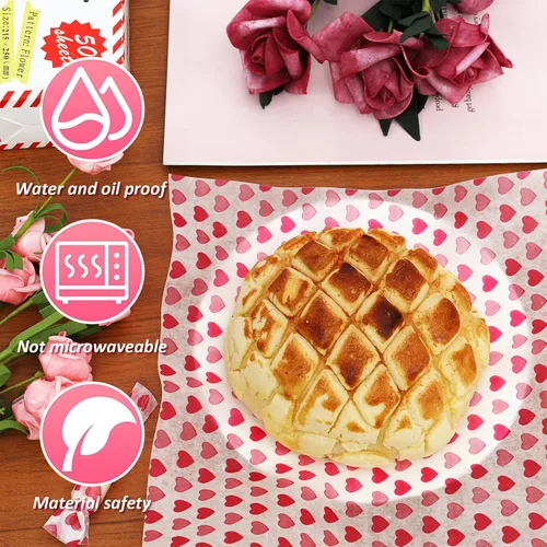 Vista 4 de Whaline 150 hojas de papel de cera para el día de San Valentín, diseño de corazón rosa a rayas rosadas, papel de pícnic, a prueba de grasa