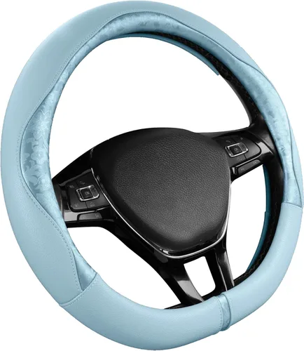 Vista 16 de PIC AUTO Funda para volante, diseño de retazos de cuero negro estampado y azul, ajuste universal de 14.5 a 15.5 pulgadas, antideslizante, sin olor
