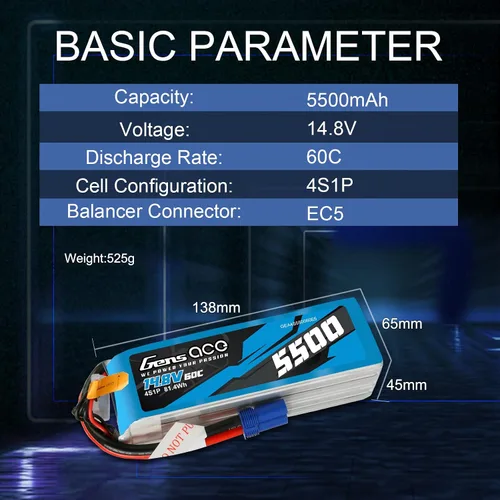 Vista 2 de Gens ace 4S Lipo Batería 14.8V 5500mAh 60C Lipo Batería con EC5 Plug