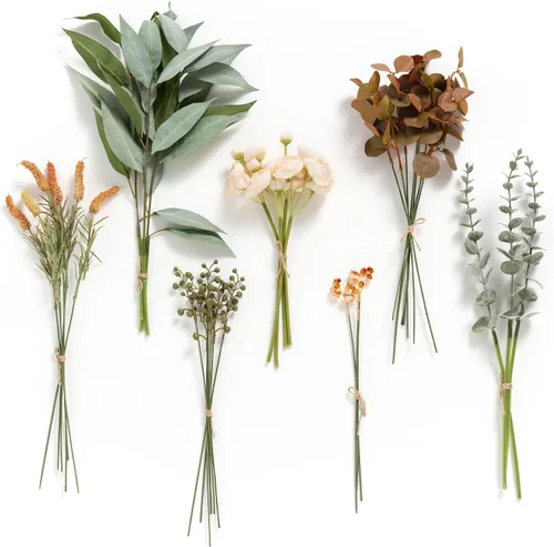 Vista 9 de Ling's moment - Juego de tallos de vegetación artificial verde, 36 piezas con 8 tipos de flores artificiales para ramos de novia de bricolaje Negro