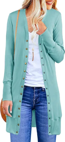 Vista 4 de MEROKEETY Cárdigans de manga larga con botón de presión para mujer color sólido con cuello acanalado