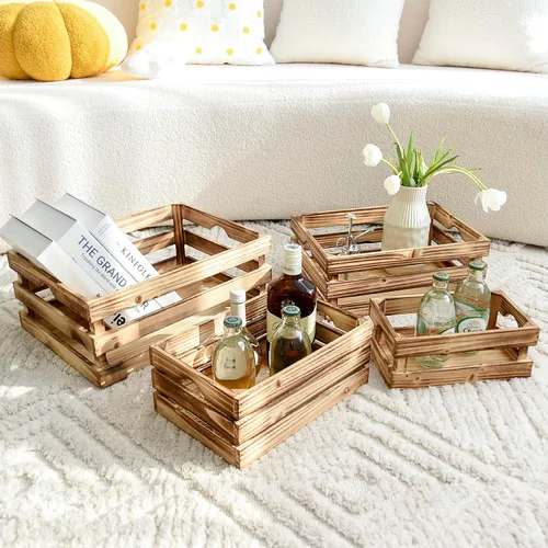Vista 3 de Juego de 4 cajas de madera grandes decorativas con asas, cajas rústicas de madera de granja marrón para exhibición, organizador de cestas
