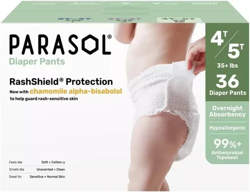 Vista 14 de Parasol Pantalones de pañales desechables sin cloro, talla 4 (2T-3T), 48 unidades, estilo de meter con protección RashShield y envoltura cómoda