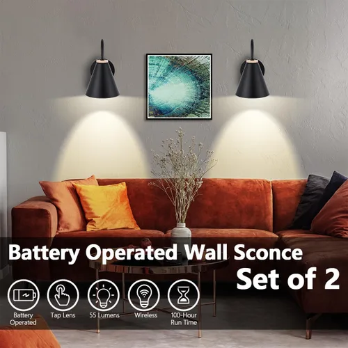 Vista 4 de Aplique de pared industrial de madera sintética negra, funciona con pilas, fácil de instalar, sin cables, bombilla LED regulable con control remoto