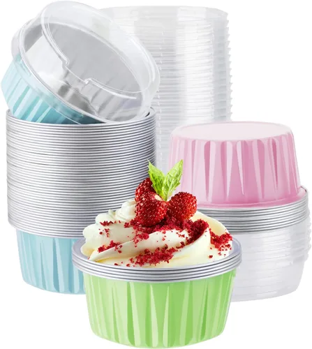 Vista 31 de EUSOAR Moldes desechables de papel de aluminio con tapas, 30 piezas de 5 onzas (4.2 fl oz) de papel de aluminio para magdalenas, tazas para hornear