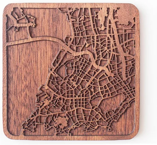 Vista 56 de Posavasos Amsterdam Map by O3 Design Studio, 1 pieza, posavasos de madera Sapele con mapa de la ciudad, hecho a mano, varias ciudades opcionales