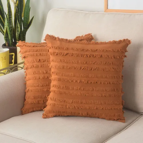 Vista 13 de GYROHOME Paquete de 2 fundas de almohada de algodón y lino, fundas de cojín decorativas, diseño de borlas, fundas de cojín modernas con flecos Beige
