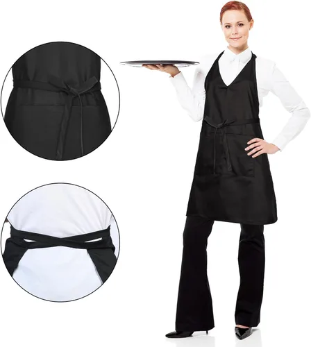 Vista 6 de 2 juegos de delantales unisex con cuello en V, delantales de esmoquin negros, delantales formales con babero, delantales ajustables para eventos